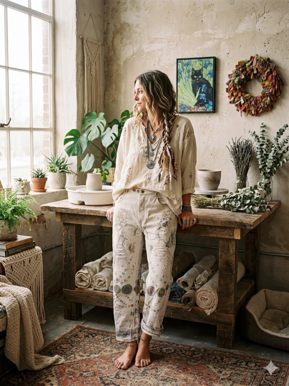 Magnolia Pearl Off-White Distressed Wide Leg Jeans with Eclectic Artwork